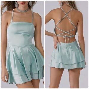 Aqua Green Satin Lace Up Mini Dress